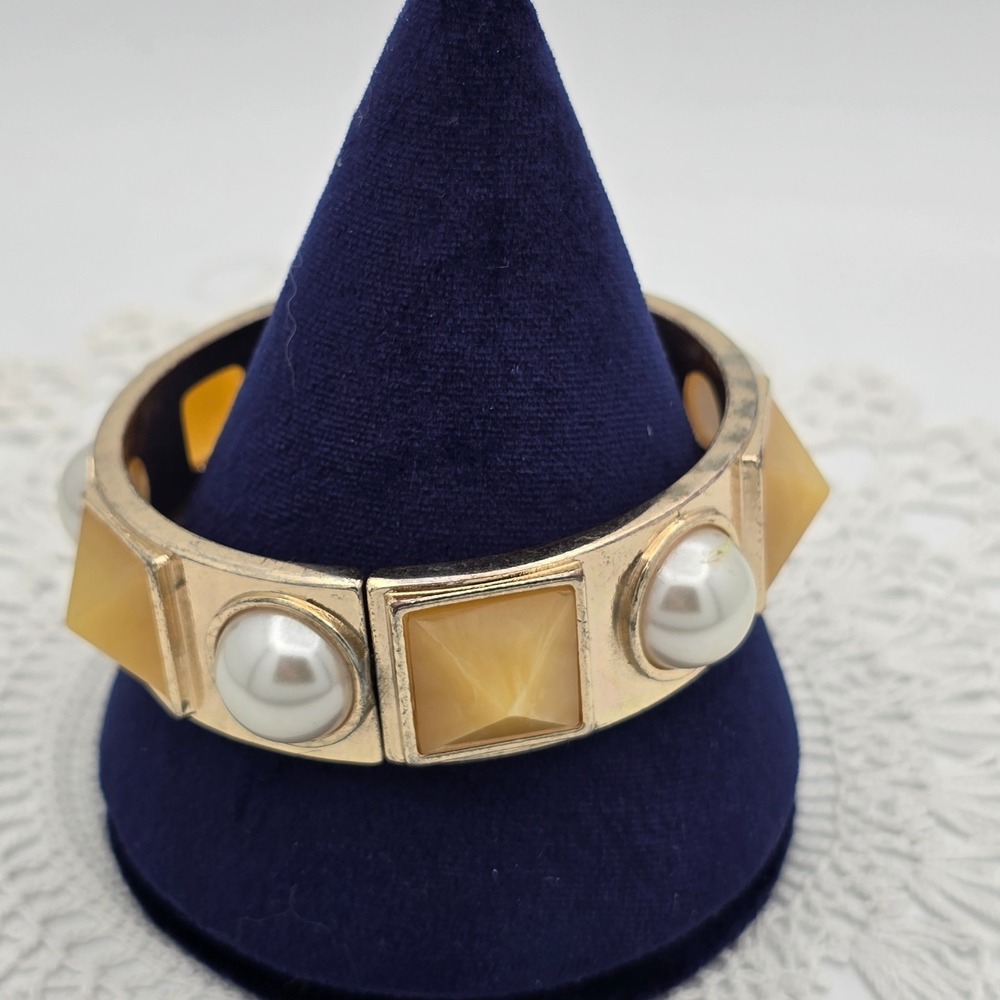 Goldtone Hinged Bangle Bracelet Yellow spike stud faux pearl